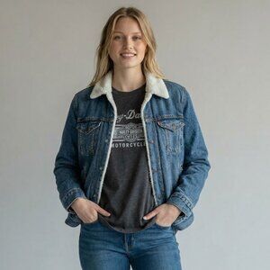 LEVI'S Premium Big E Denim Sherpa Lined Snap Button Front Trucker Jacket Women S